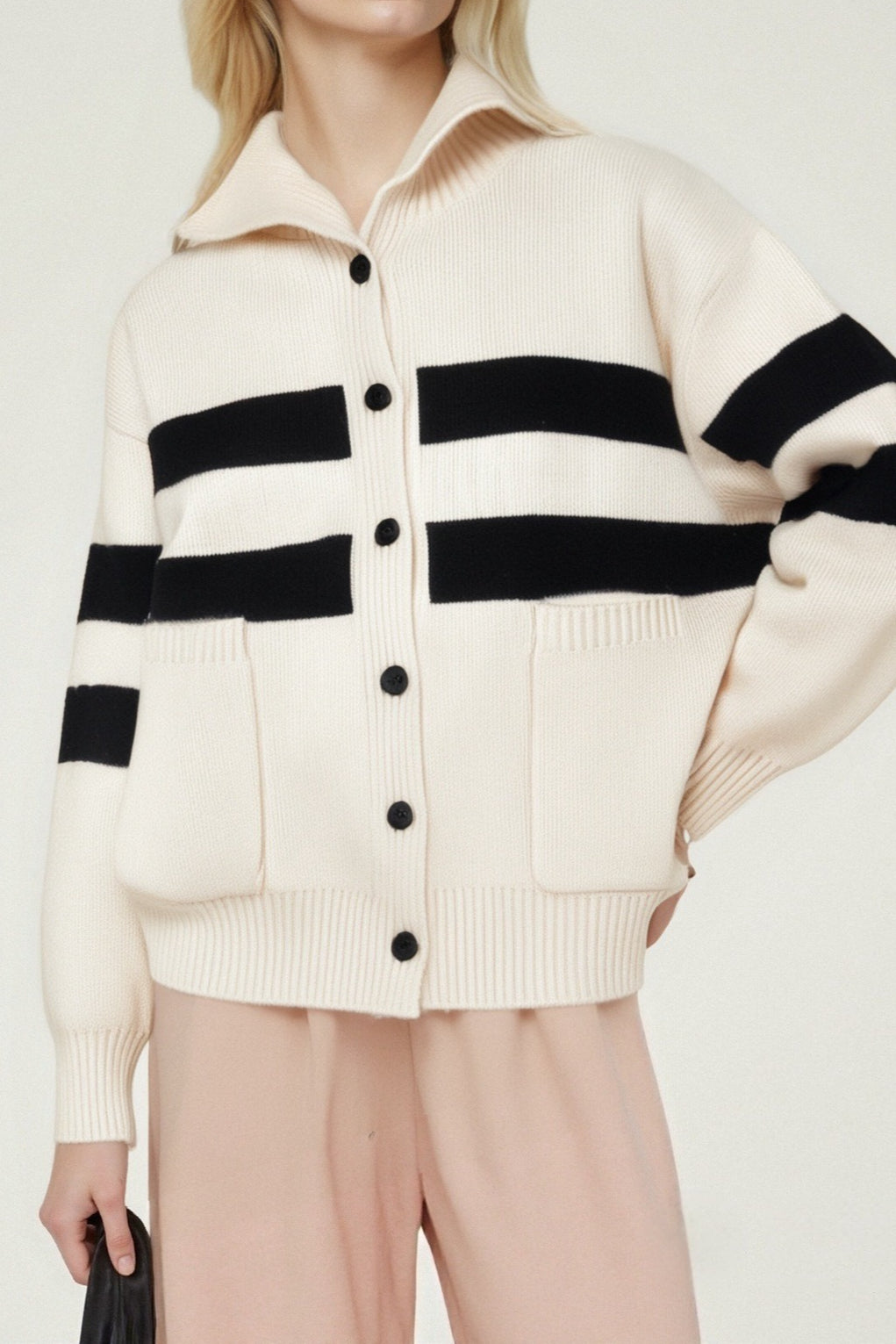 High Neck Color Block Stripe Cardigan