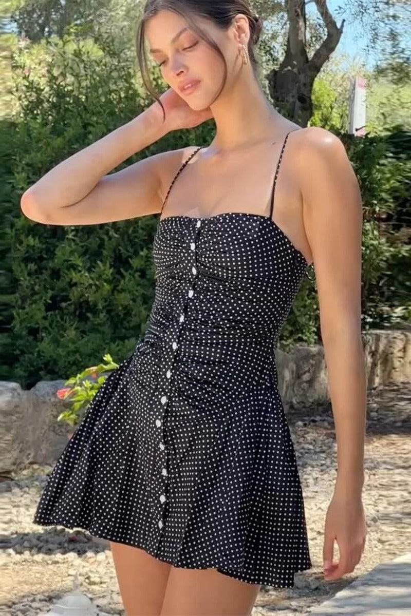 Black Ruched Backless Halter Polka Dot Mini Dress