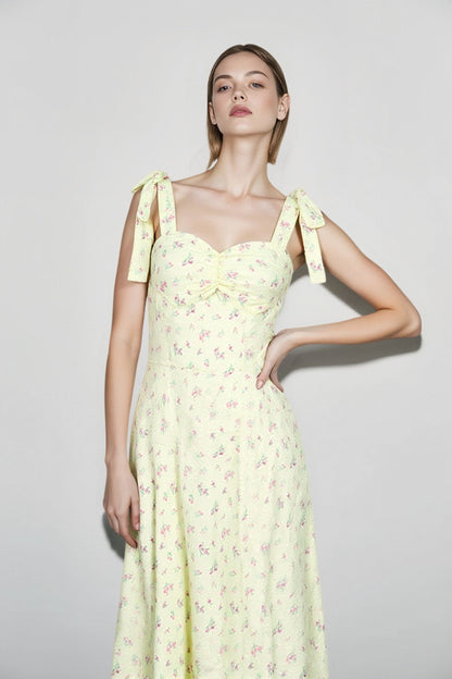 Sweetheart Bow Shoulder Tie Strap Ditsy Floral A Line Midi Dress