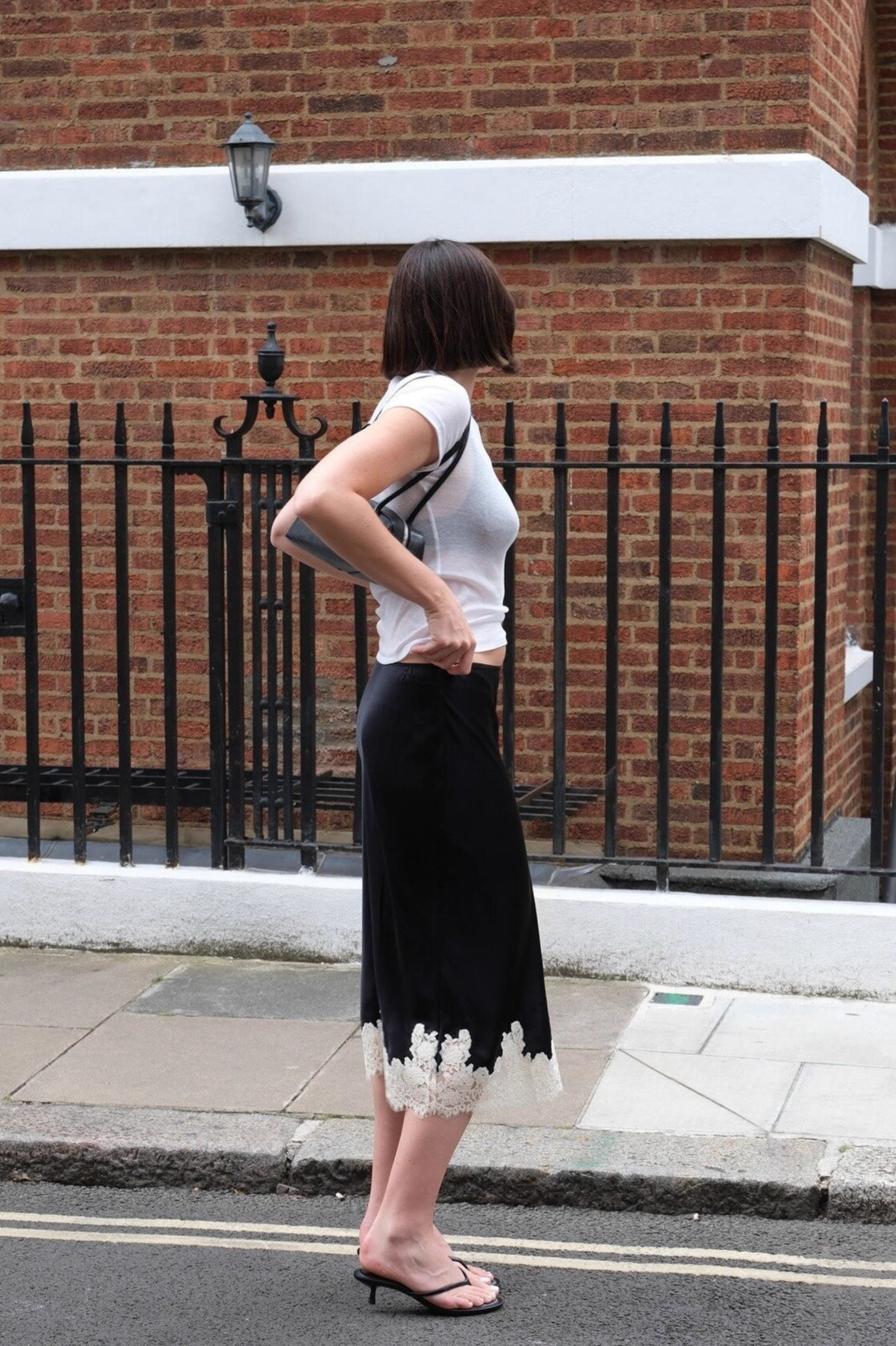 Lace Trim Satin Midi Skirt