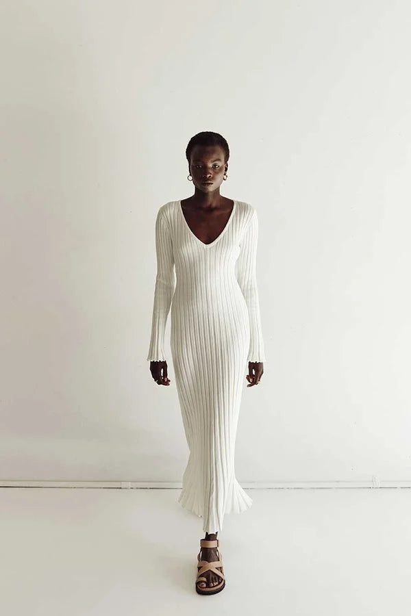 Rib Knit V-Neck Bell Sleeve Lettuce Hem Maxi Dress