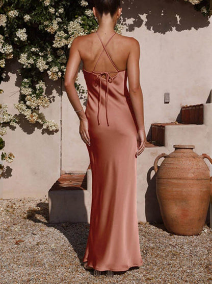 Halter Neck Spaghetti Strap Satin Column Midi Dress