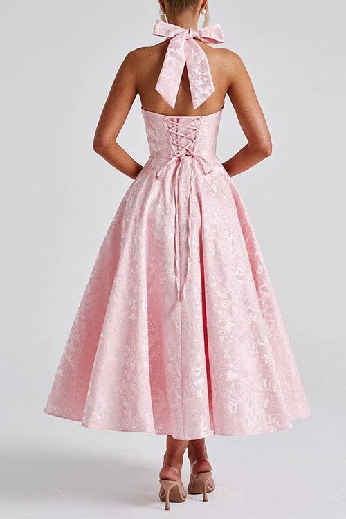 Halter V Neck Waisted Jacquard Swing Midi Party Dress