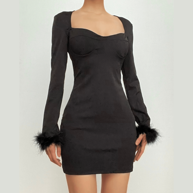 Sweetheart Bustier Feather Cuff Long Sleeve Mini Dress