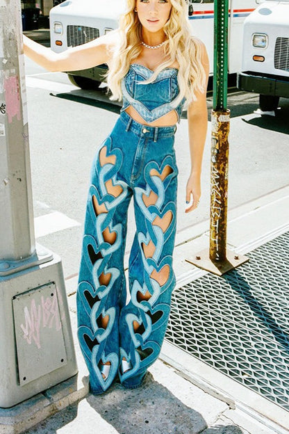 Y2K Heart Print Hollow-Out High-Waist Fashion Jeans
