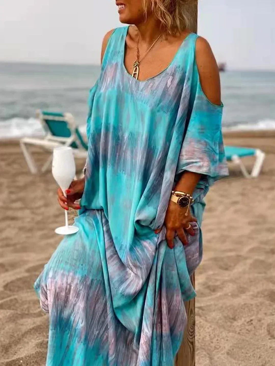 V Neck Cold Shoulder Abstract Marbled Print Oversized Maxi Dress