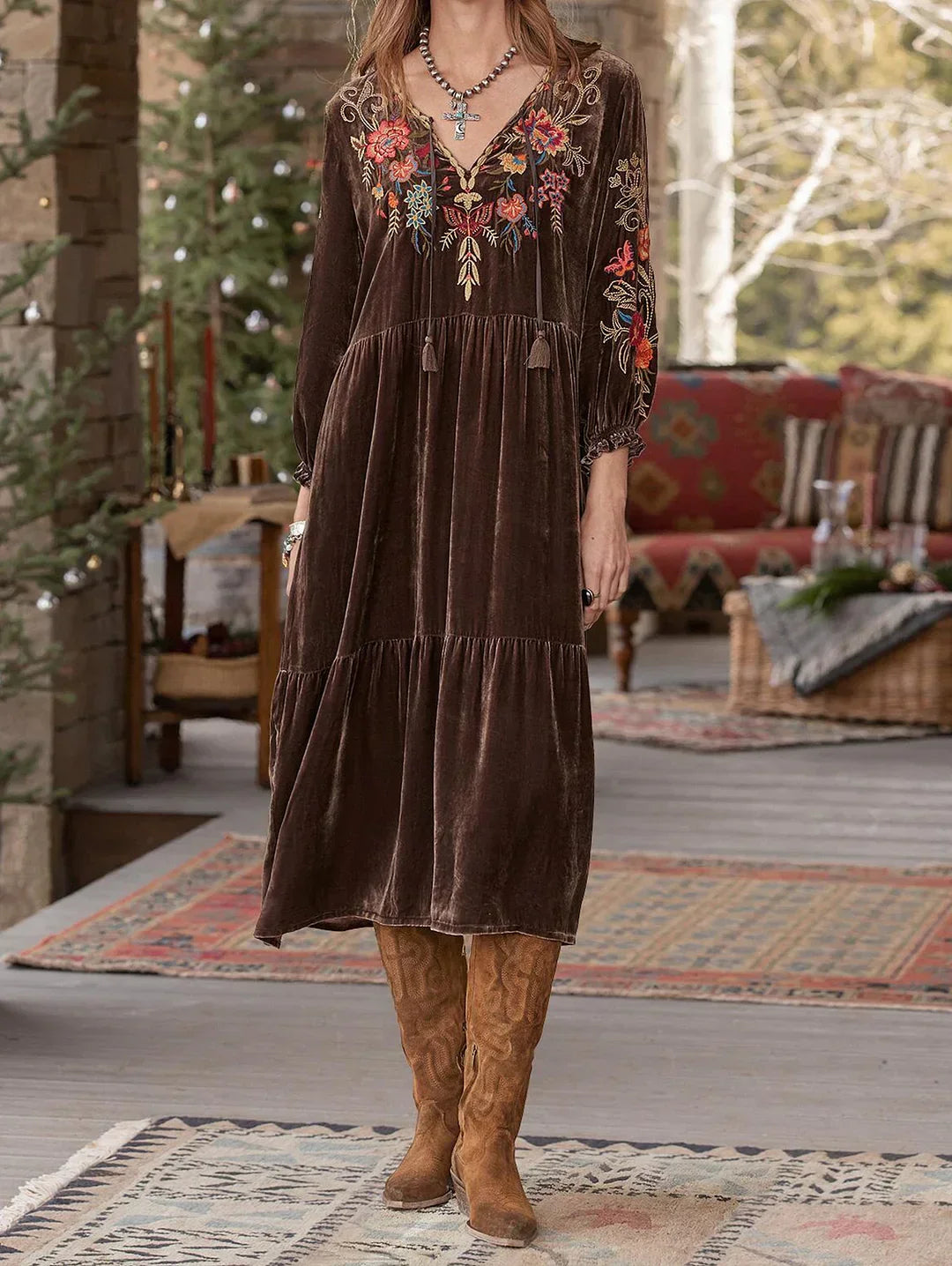 V Neck Tassel Tie Balloon Sleeve Embroidered Velvet Midi Dress