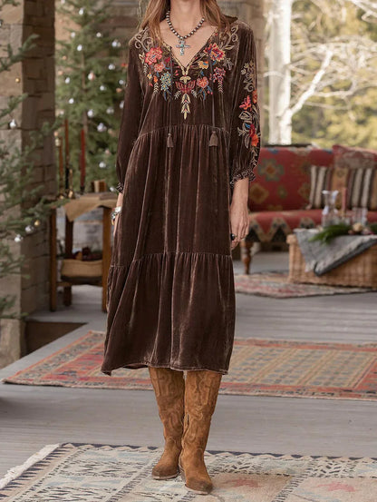 V Neck Tassel Tie Balloon Sleeve Embroidered Velvet Midi Dress