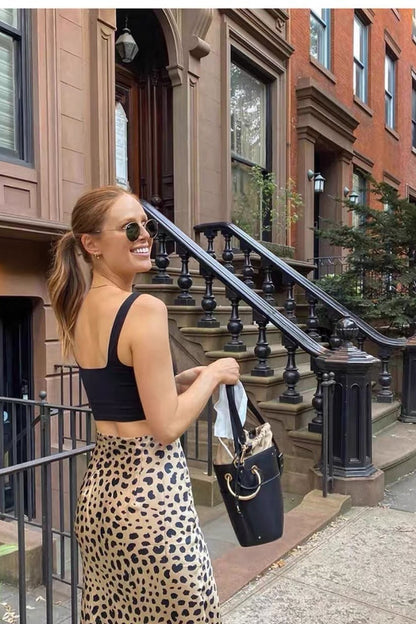 Satin Leopard Mermaid Midi Skirt
