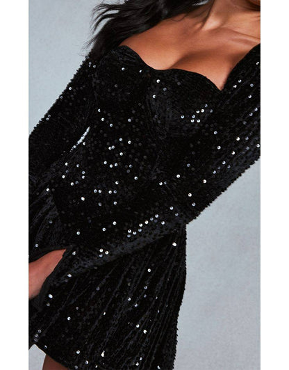 Sequin Cup Detail Long Sleeve Skater Mini Dress