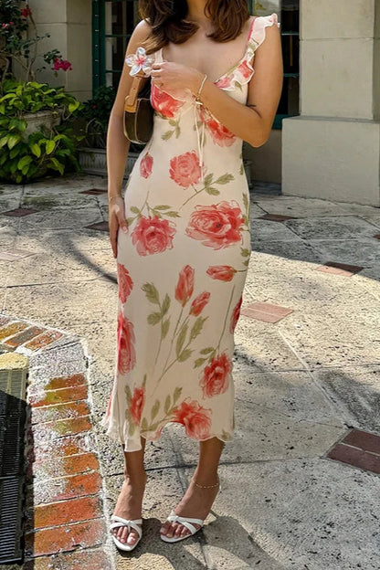 Large Floral Print Ruffle Trim Tie-Front Spaghetti Strap Chiffon Midi Dress