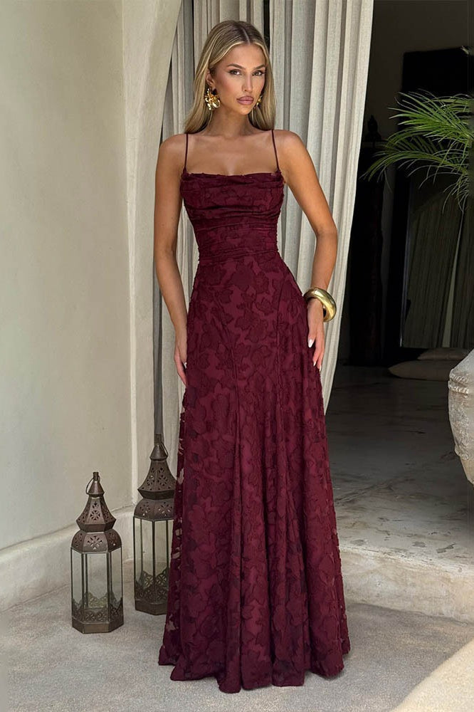 Square Neck Spaghetti Strap Ruched Burnout Floral Lace Maxi Dress