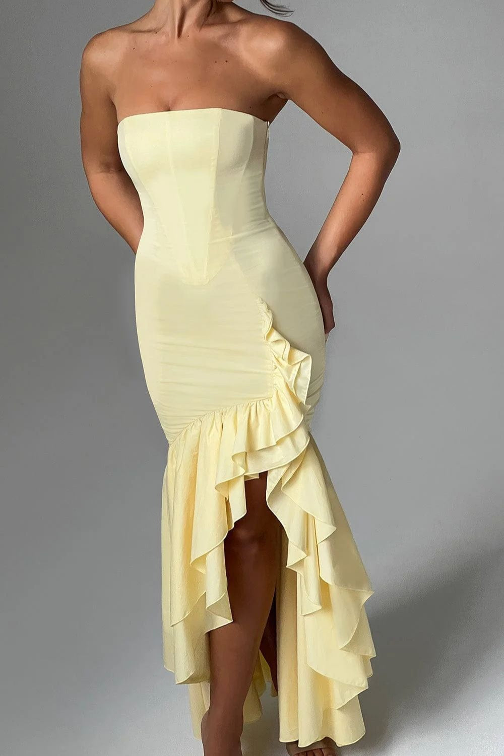 Strapless Corset Bustier High Split Ruffle Hem Maxi Dress