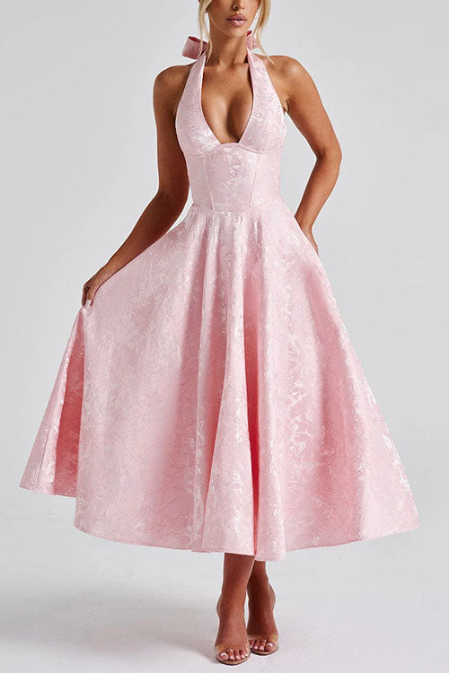 Halter V Neck Waisted Jacquard Swing Midi Party Dress