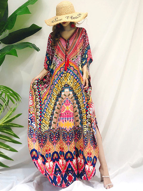 Deep V Neck Tassel Tie Ethnic Print Kimono Sleeve Side Slit Caftan Maxi Dress