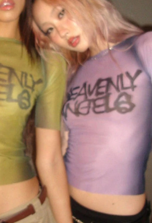 Letter Print See Through Graphic Mesh Sheer Top