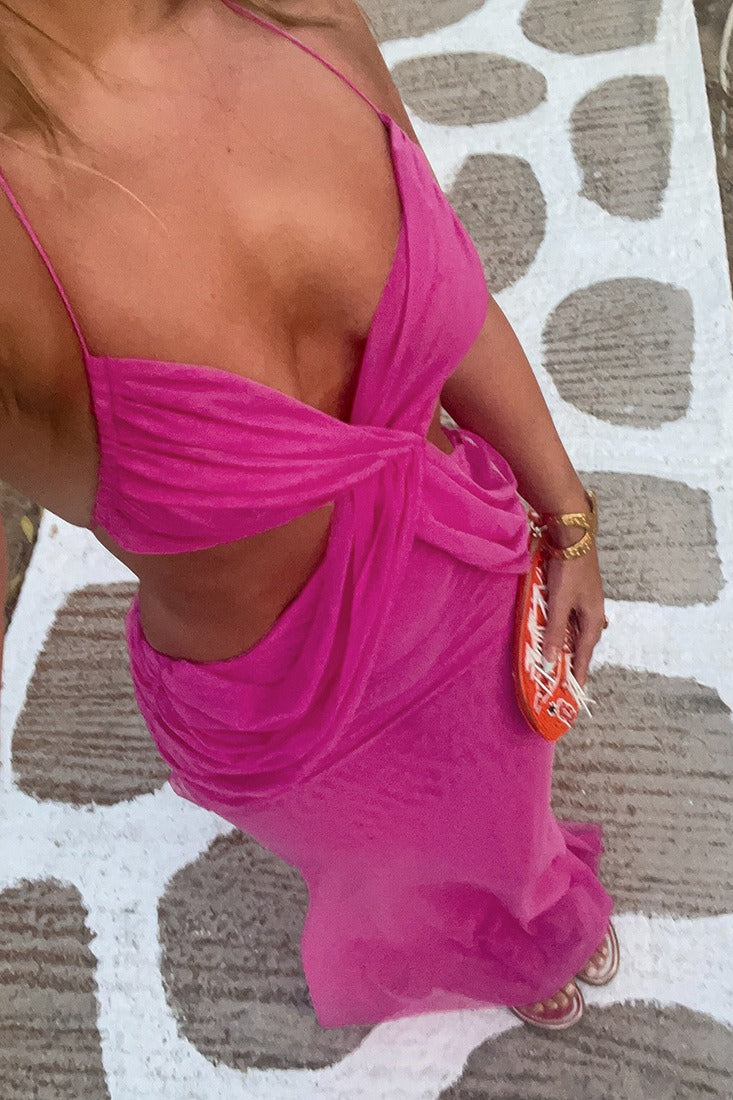 Sheer Halter Tie Waist Cutout Maxi Dress