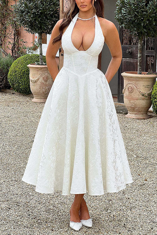 Halter V Neck Waisted Jacquard Swing Midi Party Dress