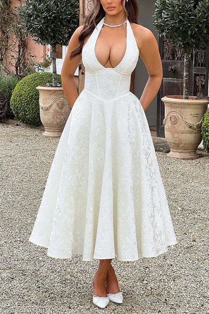 Halter V Neck Waisted Jacquard Swing Midi Party Dress