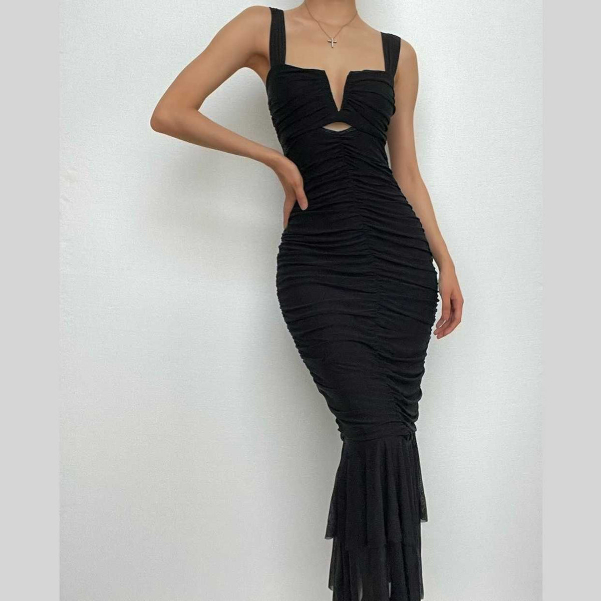 Wide Strap Cutout Bust Ruched Bodice Tiered Mesh Ruffle Hem Maxi Dress