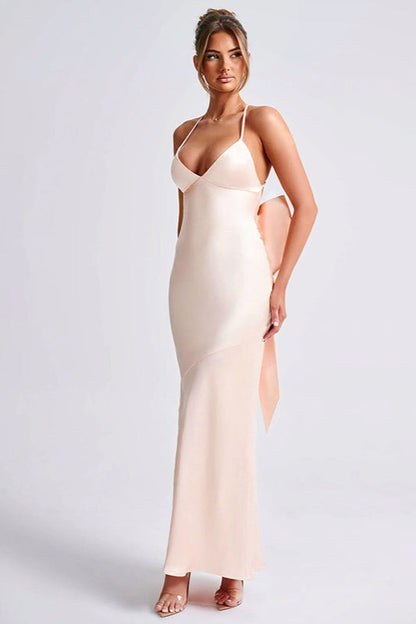 Satin Maxi Dress with Bow Detail Silk Dress