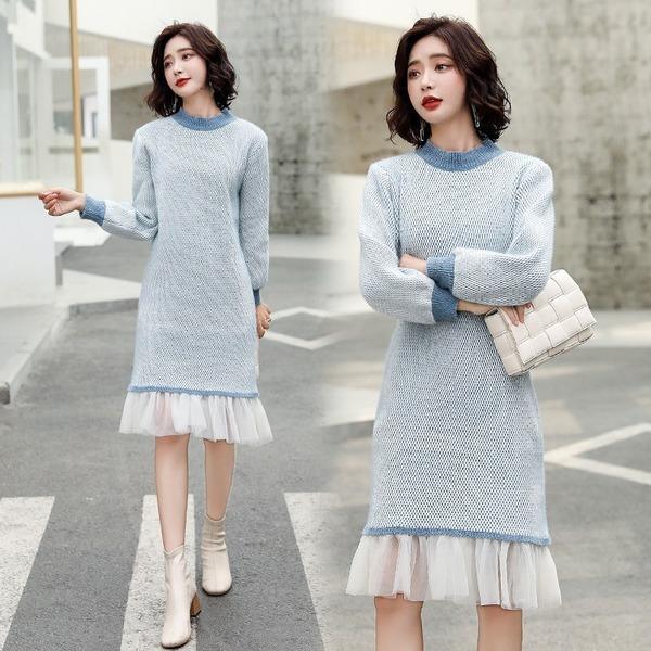 Mock Neck Honeycomb Knit Contrast Cuff Tiered Ruffle Hem Sweater Midi Dress