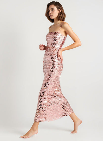Square Neck Disc Sequin Spaghetti Strap Bodycon Midi Dress
