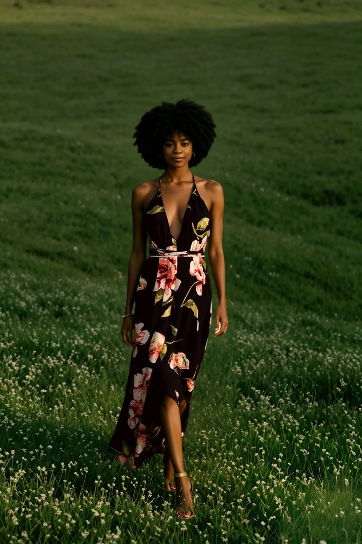 Halter Plunge V Neck Wrap Tie Waist Floral Print Maxi Dress