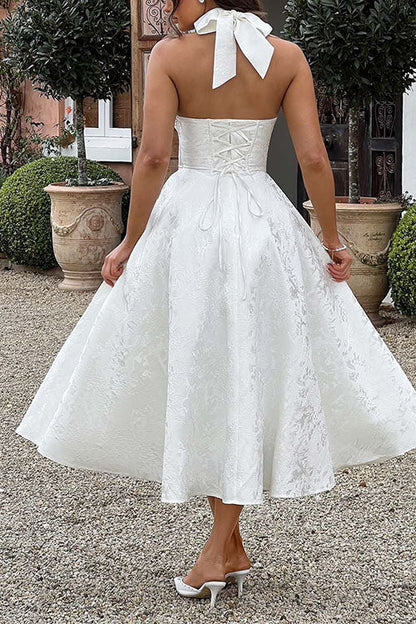 Halter V Neck Waisted Jacquard Swing Midi Party Dress