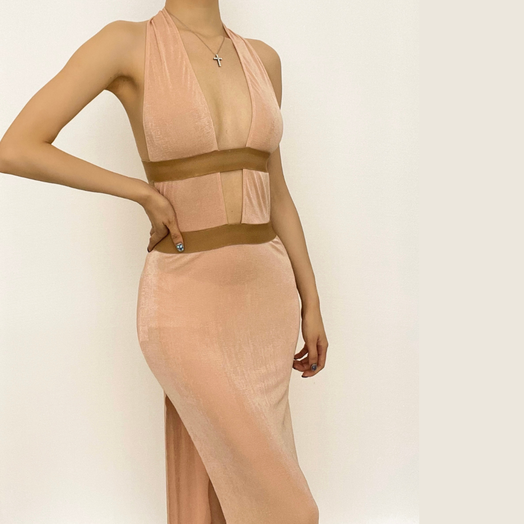 Halter Deep V Neck Mesh Band Cutout High Slit Bodycon Maxi Dress