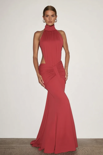 Mock Neck Side Cutout Ruched Mermaid Maxi Gown