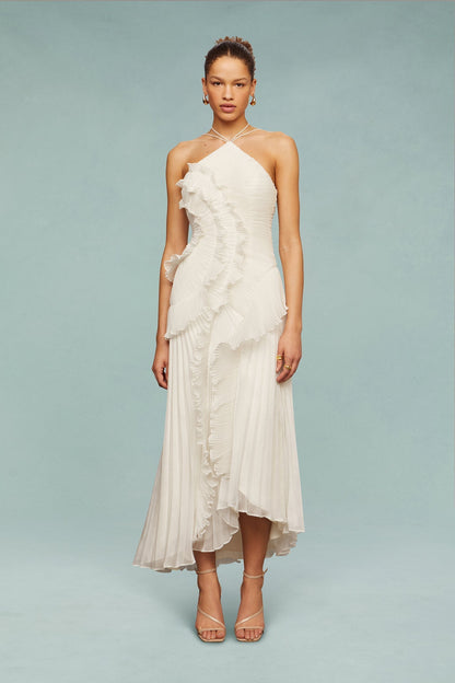 Halter Crisscross Strap Pleated Ruffle High-Low Maxi Dress