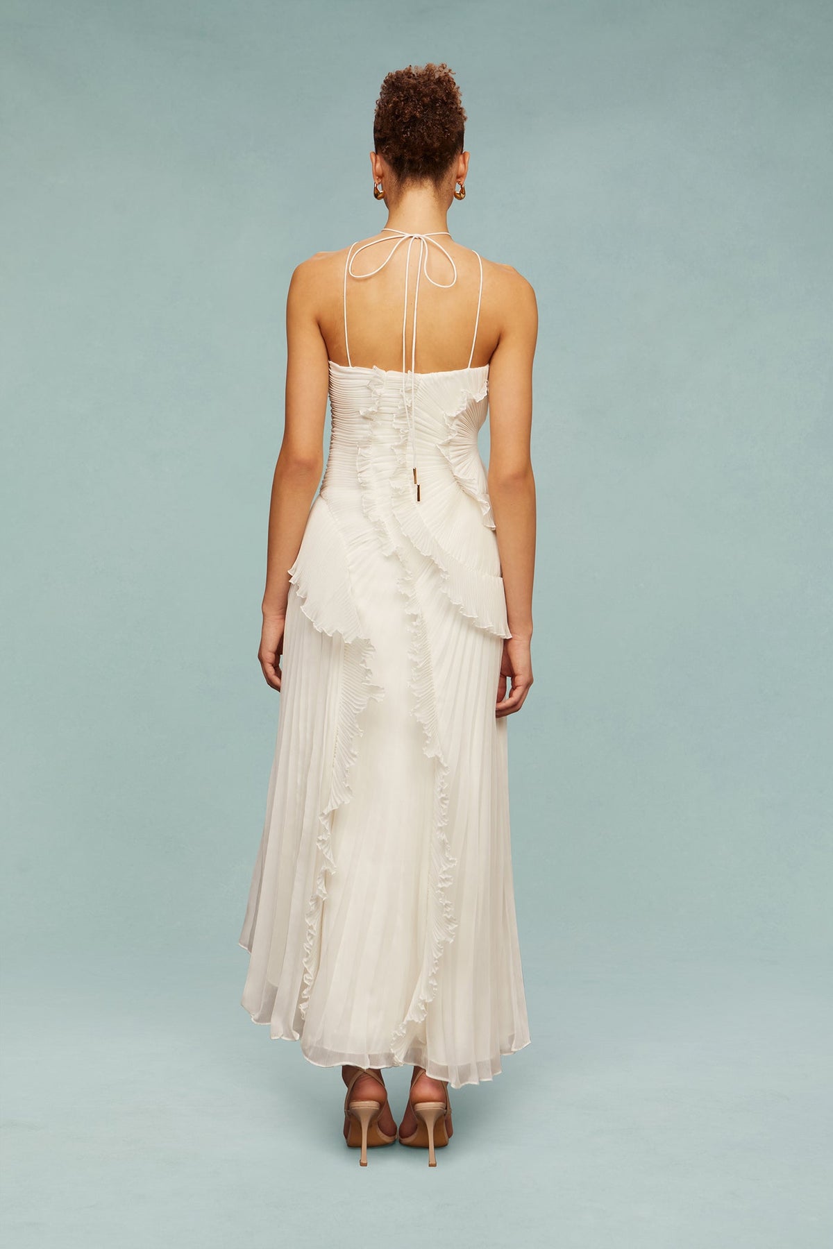 Halter Crisscross Strap Pleated Ruffle High-Low Maxi Dress