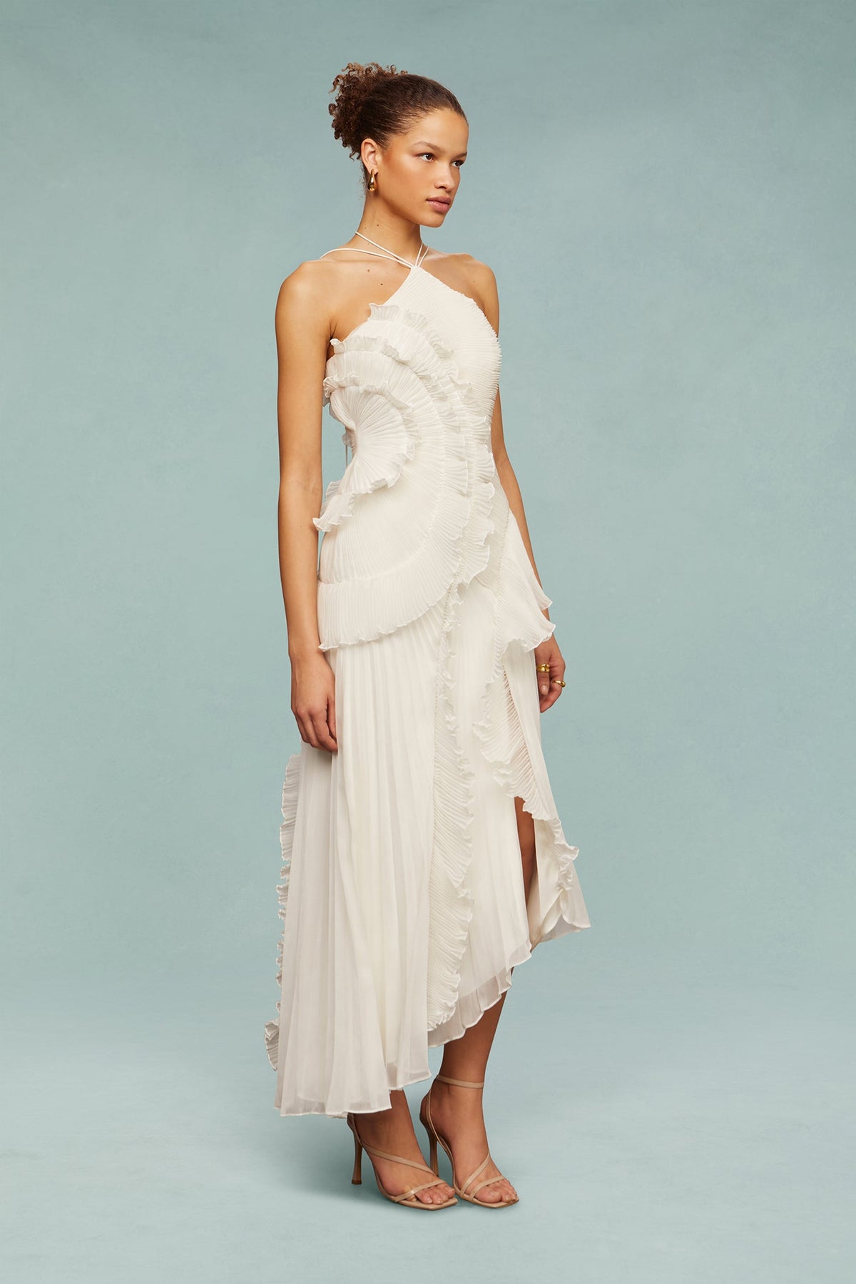 Halter Crisscross Strap Pleated Ruffle High-Low Maxi Dress
