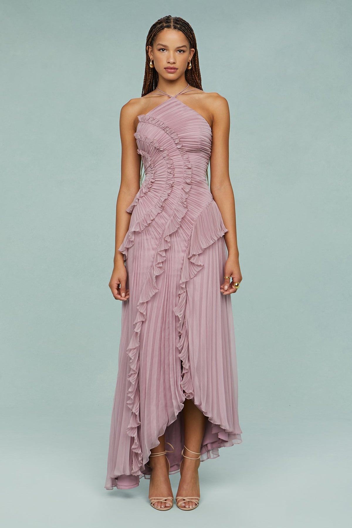 Halter Crisscross Strap Pleated Ruffle High-Low Maxi Dress