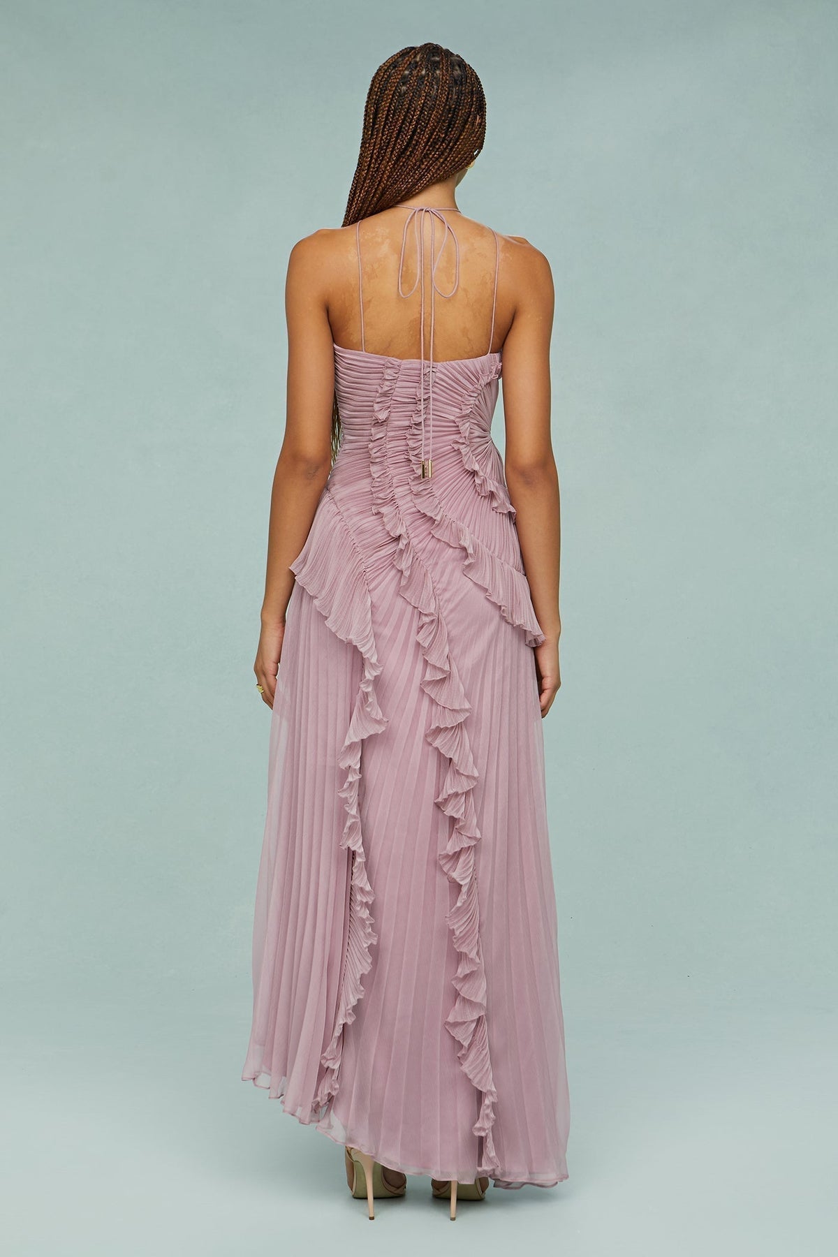 Halter Crisscross Strap Pleated Ruffle High-Low Maxi Dress