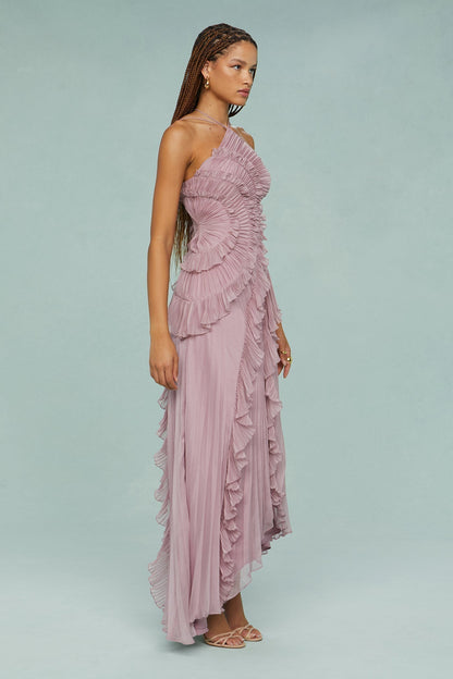 Halter Crisscross Strap Pleated Ruffle High-Low Maxi Dress