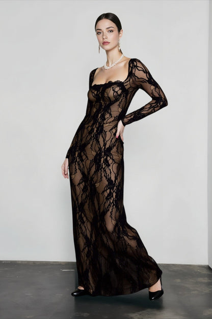 Sweetheart Scalloped Lace Long Sleeve Floral Lace Maxi Gown