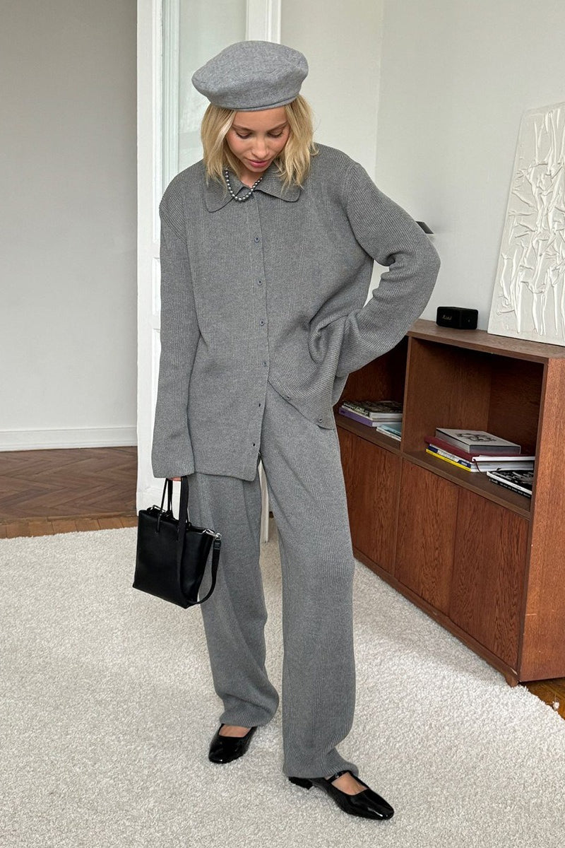 Knit Ribbed Collar Long Sleeve Loose Two Piece Set