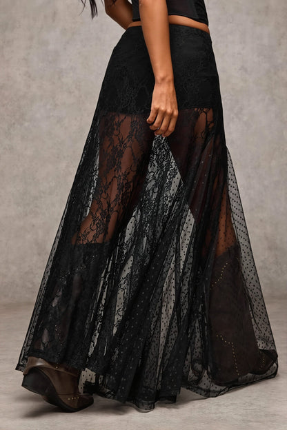 Lace Trim Low Waist Bodycon Maxi Skirt