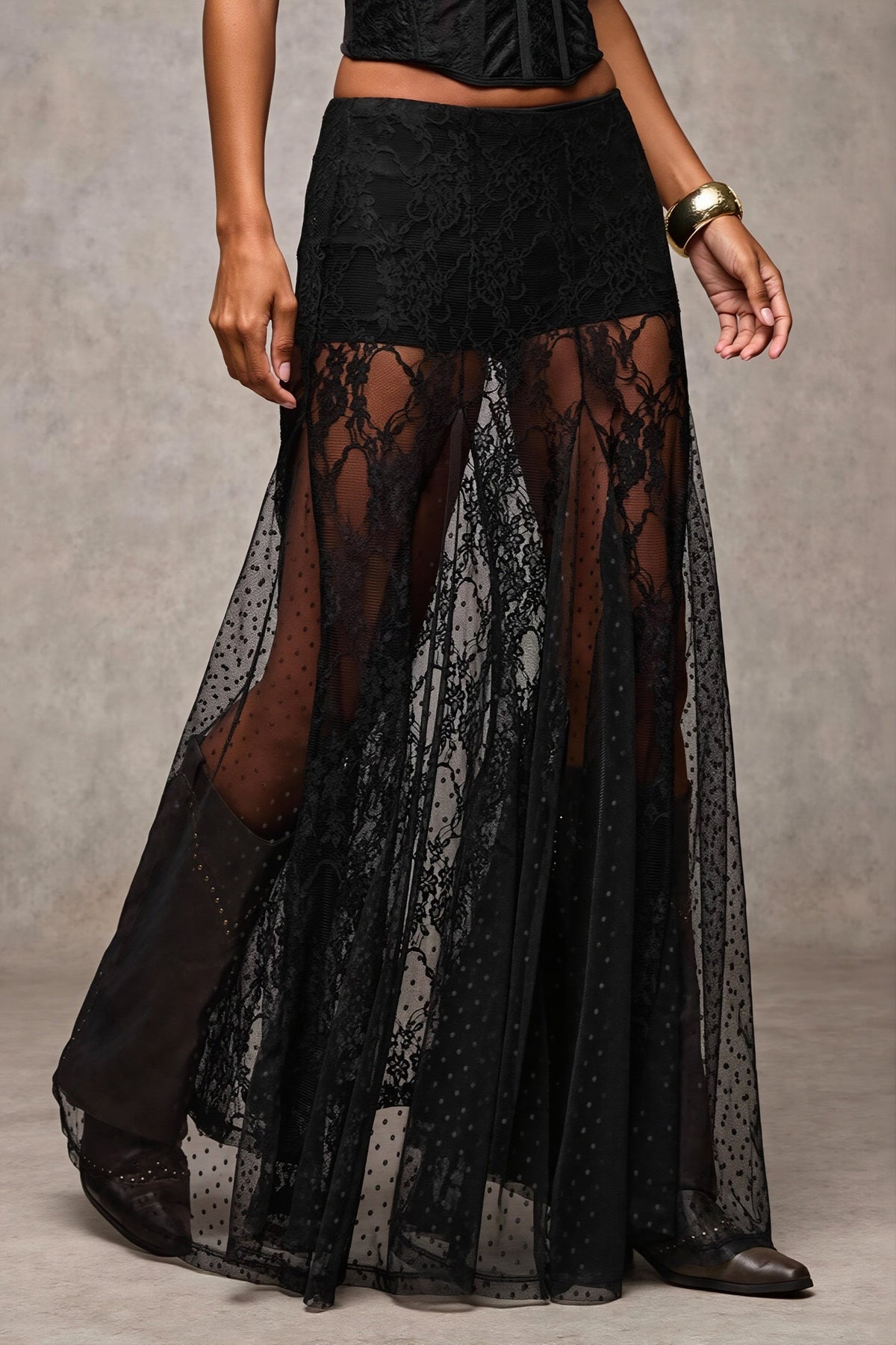 Lace Trim Low Waist Bodycon Maxi Skirt