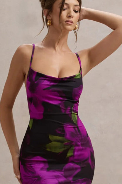 Floral Print Cowl Neck Spaghetti Strap Bodycon Maxi Mini Dress