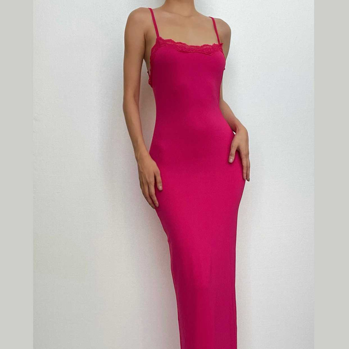 Square Neck Lace Trim Spaghetti Strap Backless Bodycon Maxi Dress