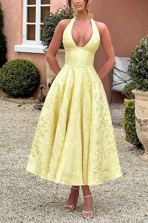 Halter V Neck Waisted Jacquard Swing Midi Party Dress