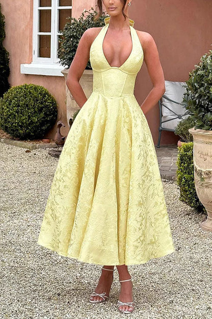 Halter V Neck Waisted Jacquard Swing Midi Party Dress