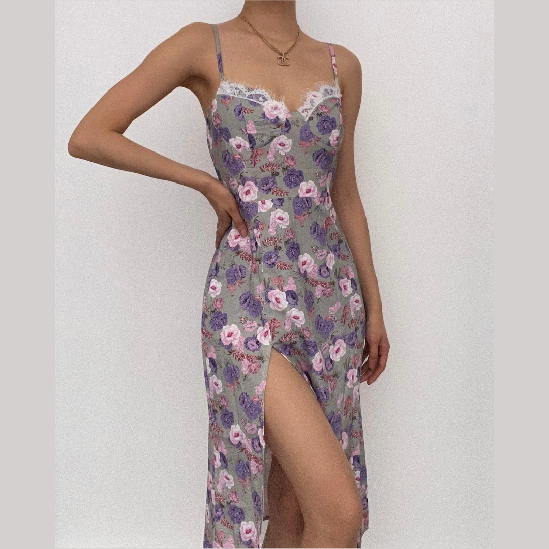 Sweetheart Lace Trim Spaghetti Strap Floral Side Slit Midi Dress