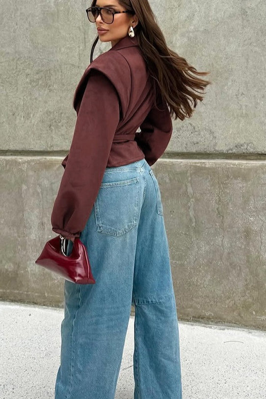 Loose Fit V Neck Suede Coat