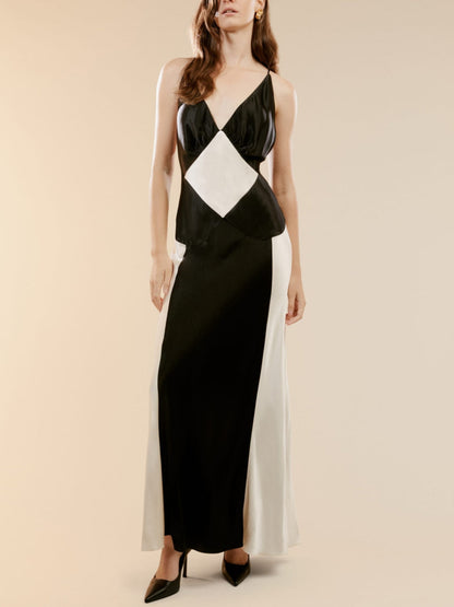 Spaghetti Strap Deep V-Neck Colorblock Satin Slip Maxi Dress