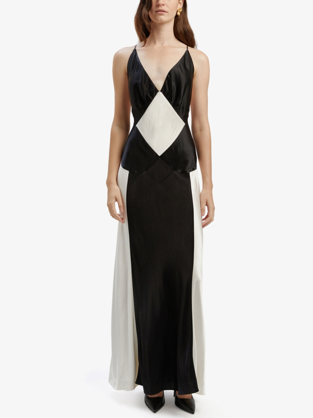 Spaghetti Strap Deep V-Neck Colorblock Satin Slip Maxi Dress