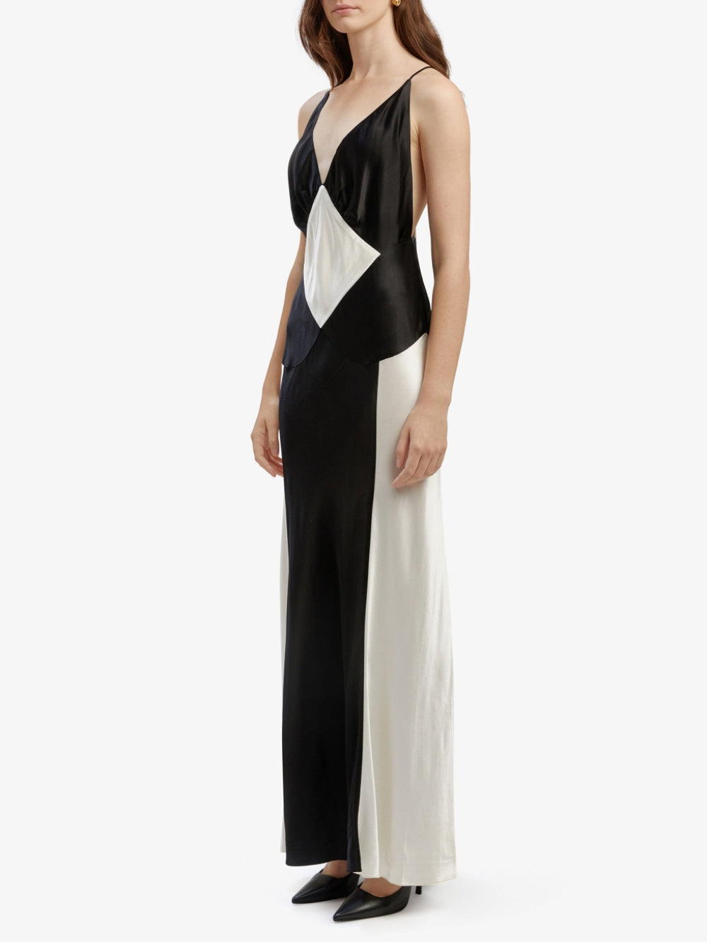 Spaghetti Strap Deep V-Neck Colorblock Satin Slip Maxi Dress